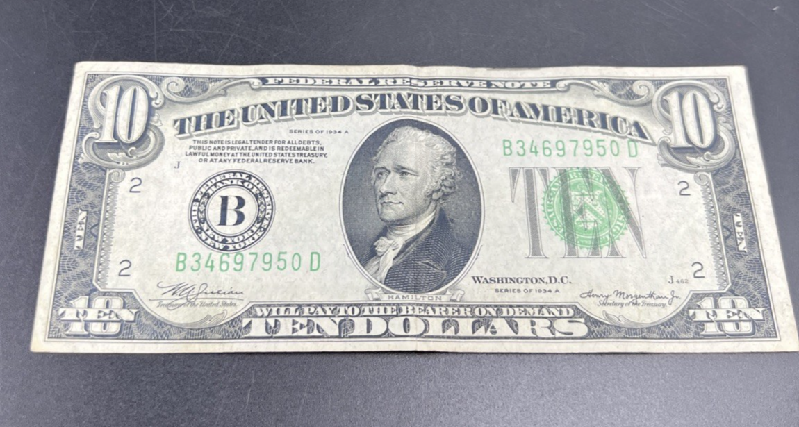 1934 A $10 FRN Ten Dollar Federal Reserve Note New York District Fine Circ #50