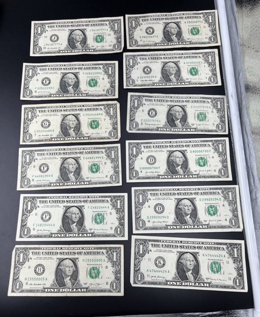 Lot of 12 $1 FRN Fancy Serial Number Federal Reserve Note Years 1963 - 2021 Circ