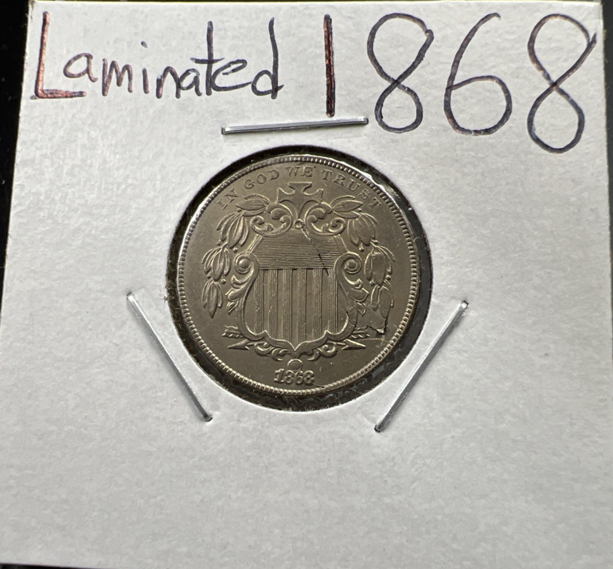 1868 5c Shield Nickel Coin Major Lamination Error Obverse AU About UNC