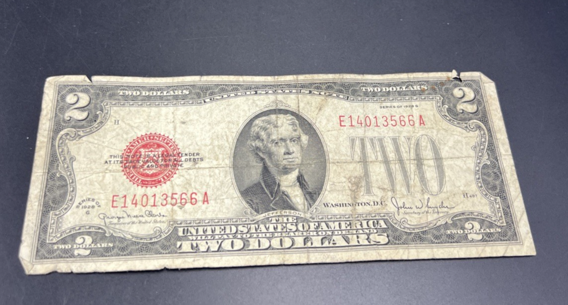 1928 G $2 Two Dollar Legal Tender United States Red Seal Note Very Circ #366
