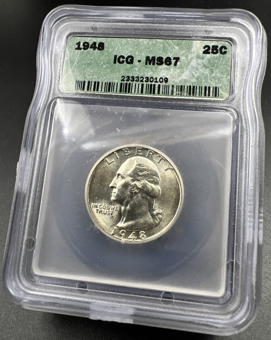 1948 P 25C Washington Quarter Silver Coin MS67 ICG #109