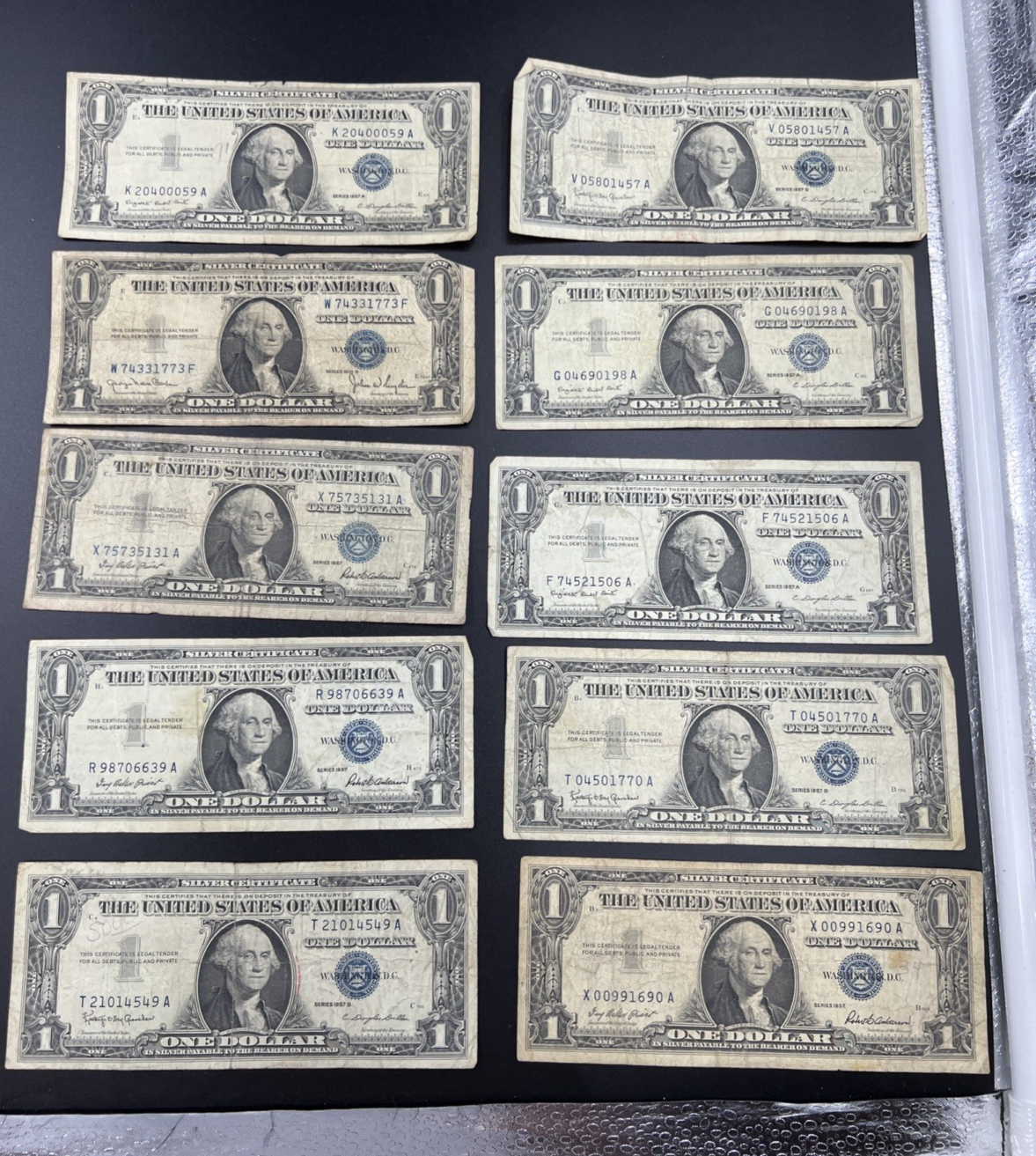 Lot of 10 VERY CIRC 1957 1935 $1 Dollar Silver Certificate Blue Seal Notes #49