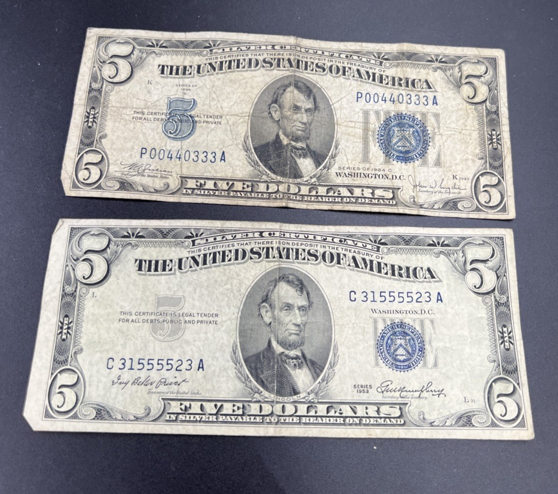 2 Note Lot 1934 1953 $5 Five Dollar Silver Certificate Fancy Serial #s G / VG