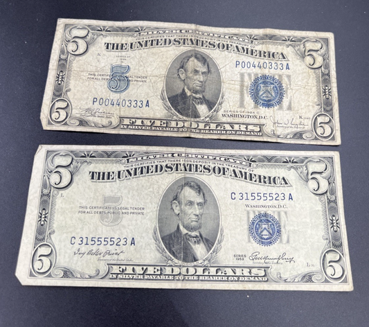 2 Note Lot 1934 1953 $5 Five Dollar Silver Certificate Fancy Serial #s G / VG