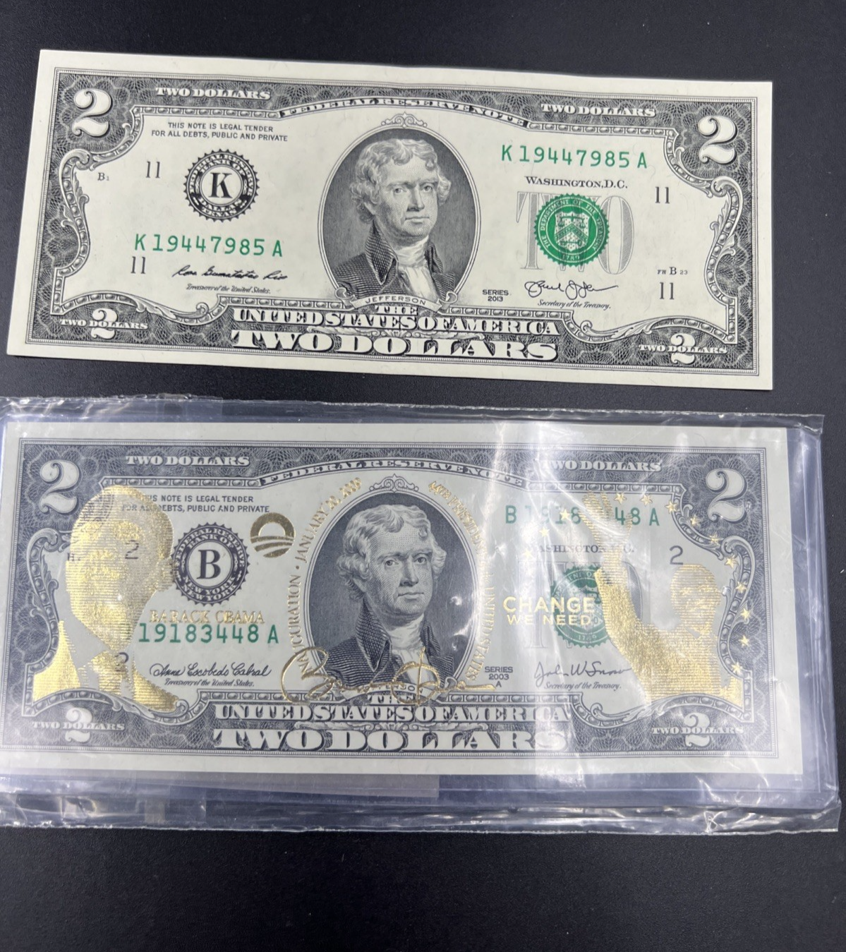 FRN Collector's Lot CH AU 2003 $2 Obama FRN Colorized & 2013 $2 Two Dollar Bills