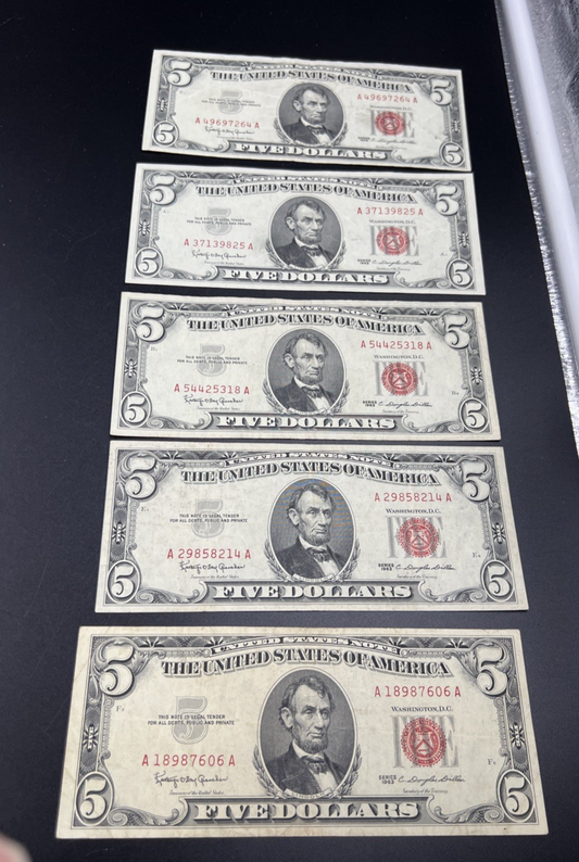 Lot of 5 1963 $5 USN United States Notes Five Dollar Bills Red Seal VF Very Fine