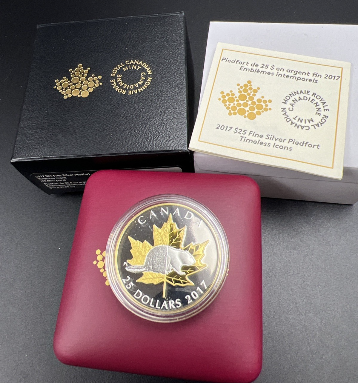 2017 $25 Piedfort Timeless Icons Beaver & Maple Leaf 1 Oz Silver Coin w/ Box COA