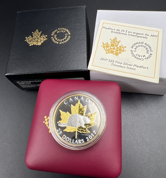2017 $25 Piedfort Timeless Icons Beaver & Maple Leaf 1 Oz Silver Coin w/ Box COA