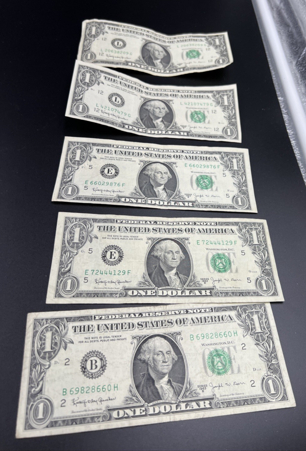 Lot of 5 1963 B $1 Barr FRN Federal Reserve Notes One Dollar Bills VG + #660