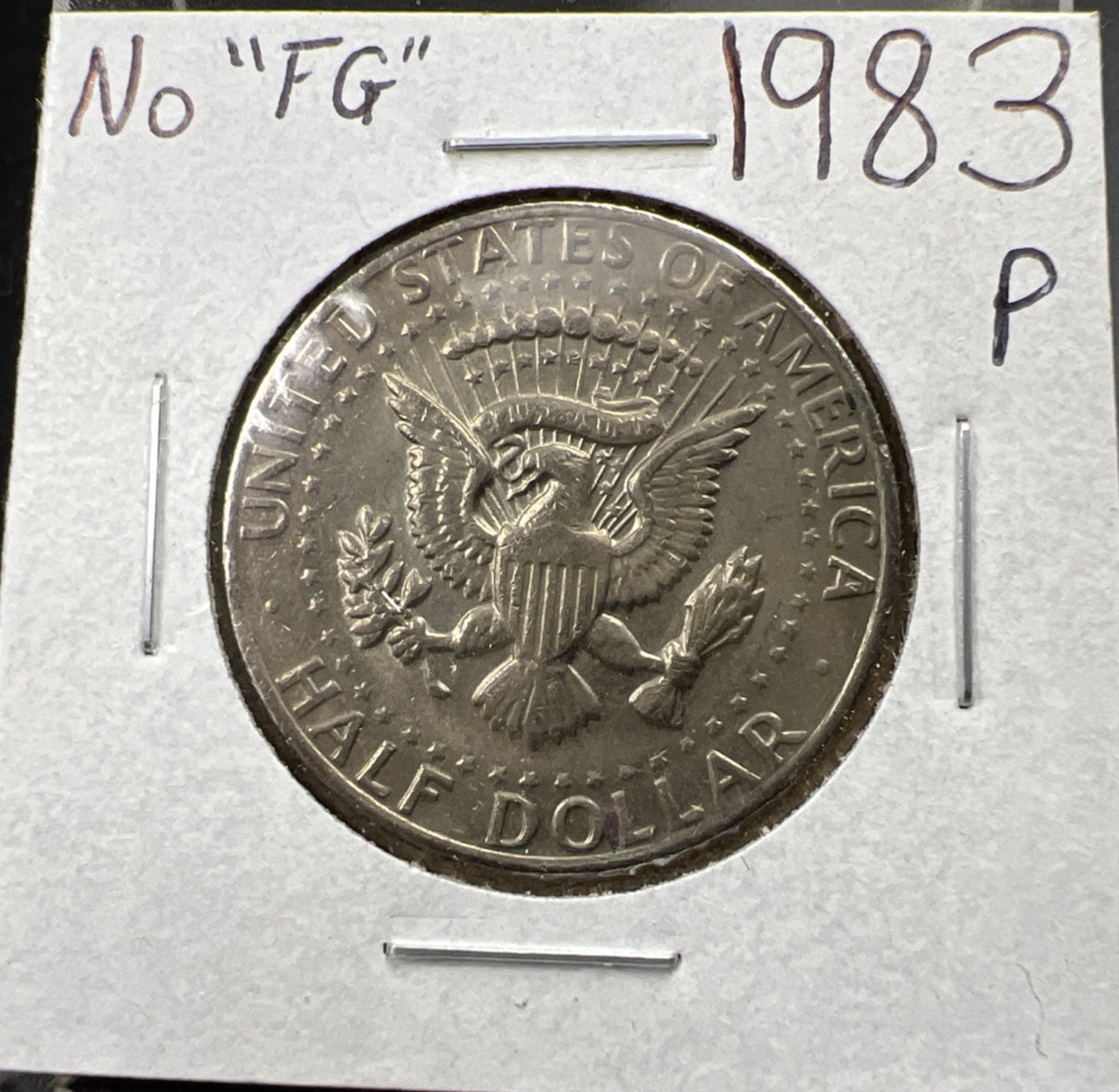 1983 P 50c Kennedy Half Dollar Coin NO FG Missing Initials Variety VF Circ