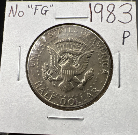 1983 P 50c Kennedy Half Dollar Coin NO FG Missing Initials Variety VF Circ