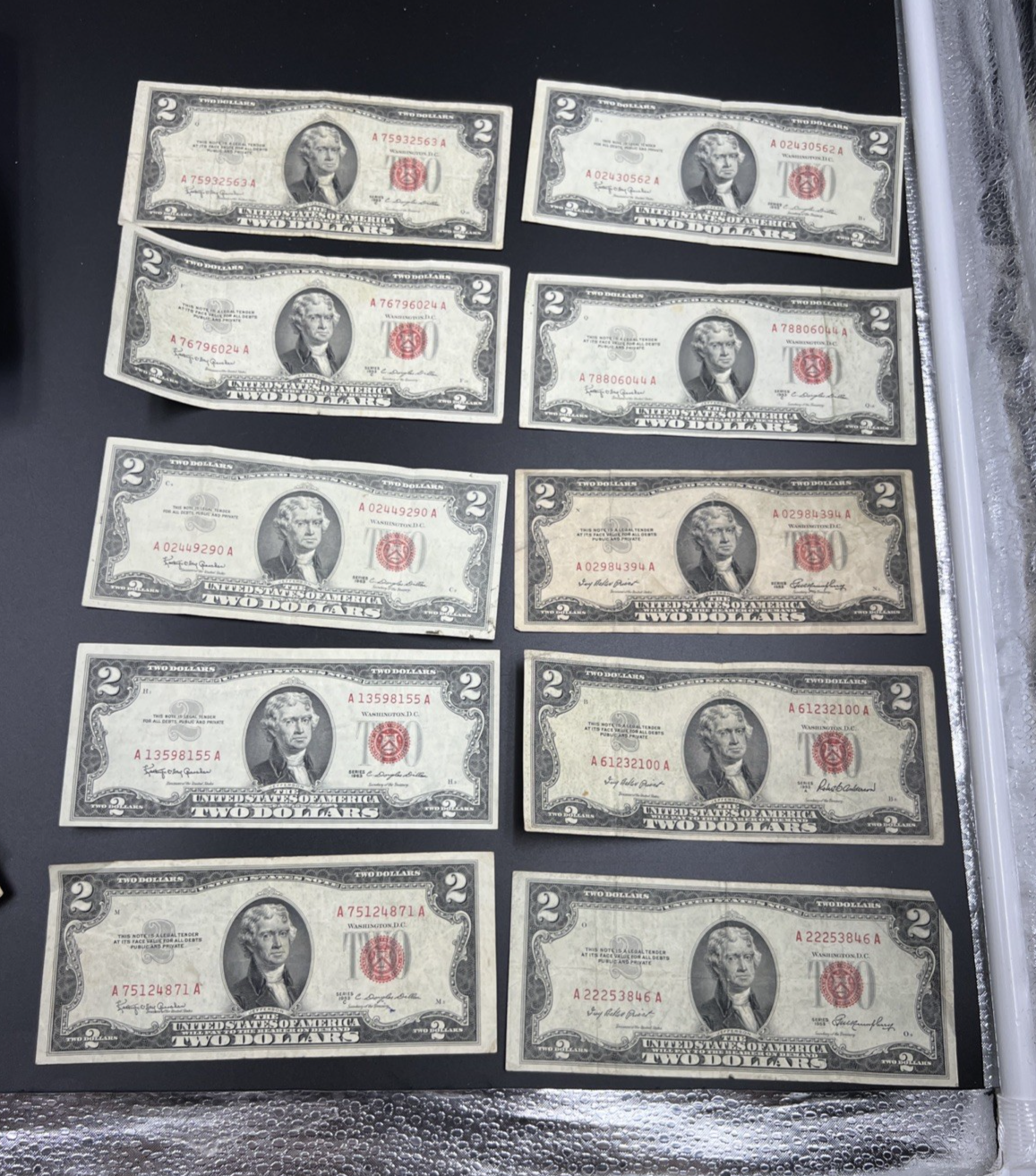 Lot of 10 1953 1963 $2 USN Red Seal Legal Tender Bills VG Very Good Circ #871
