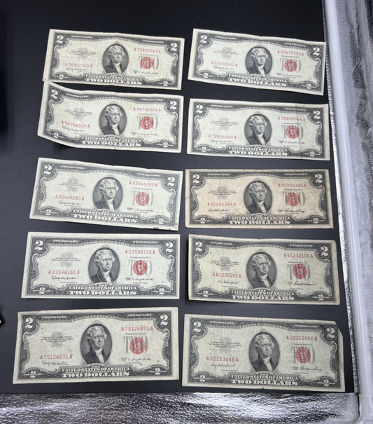 Lot of 10 1953 1963 $2 USN Red Seal Legal Tender Bills VG Very Good Circ #871