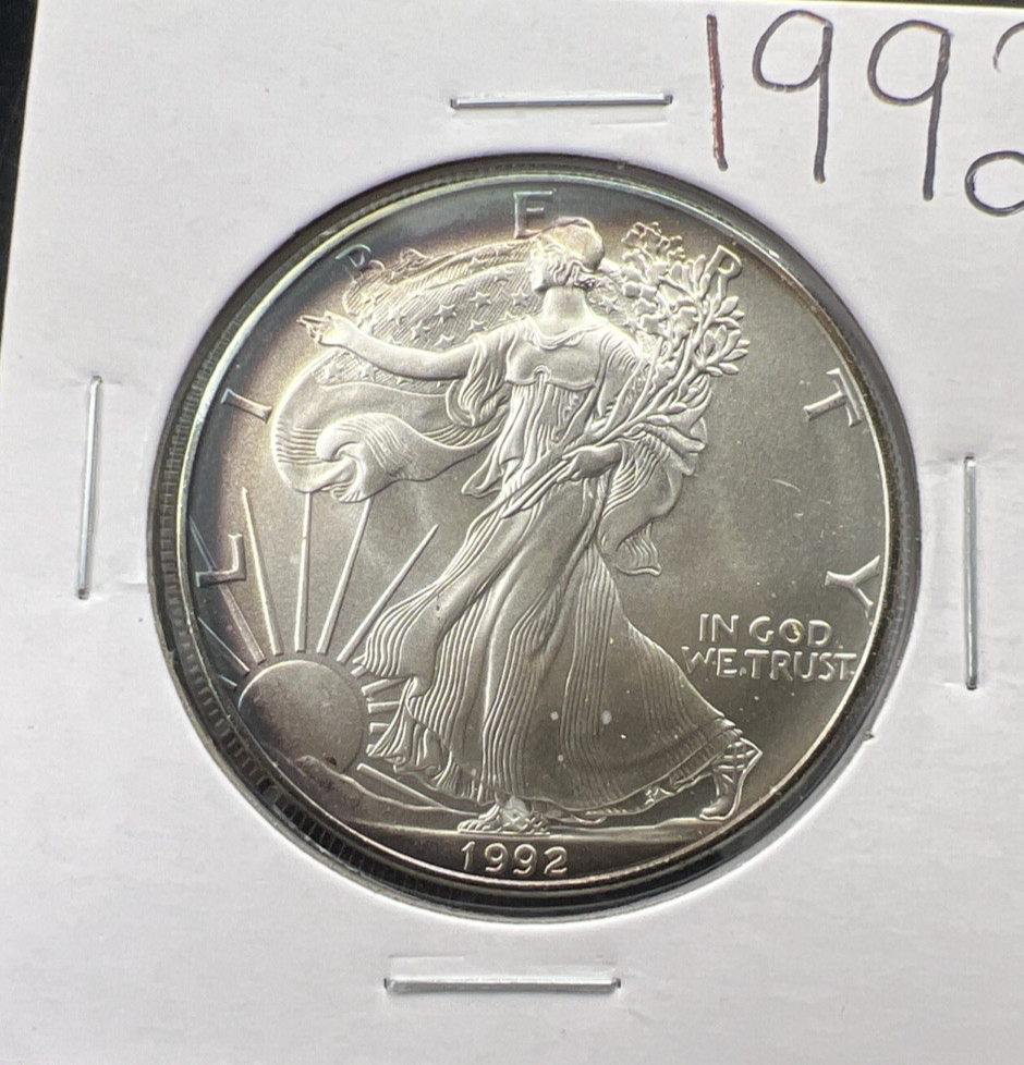 1992 1 Oz ASE American Silver Eagle Coin Gem BU Neat Toning Toner Obverse #a