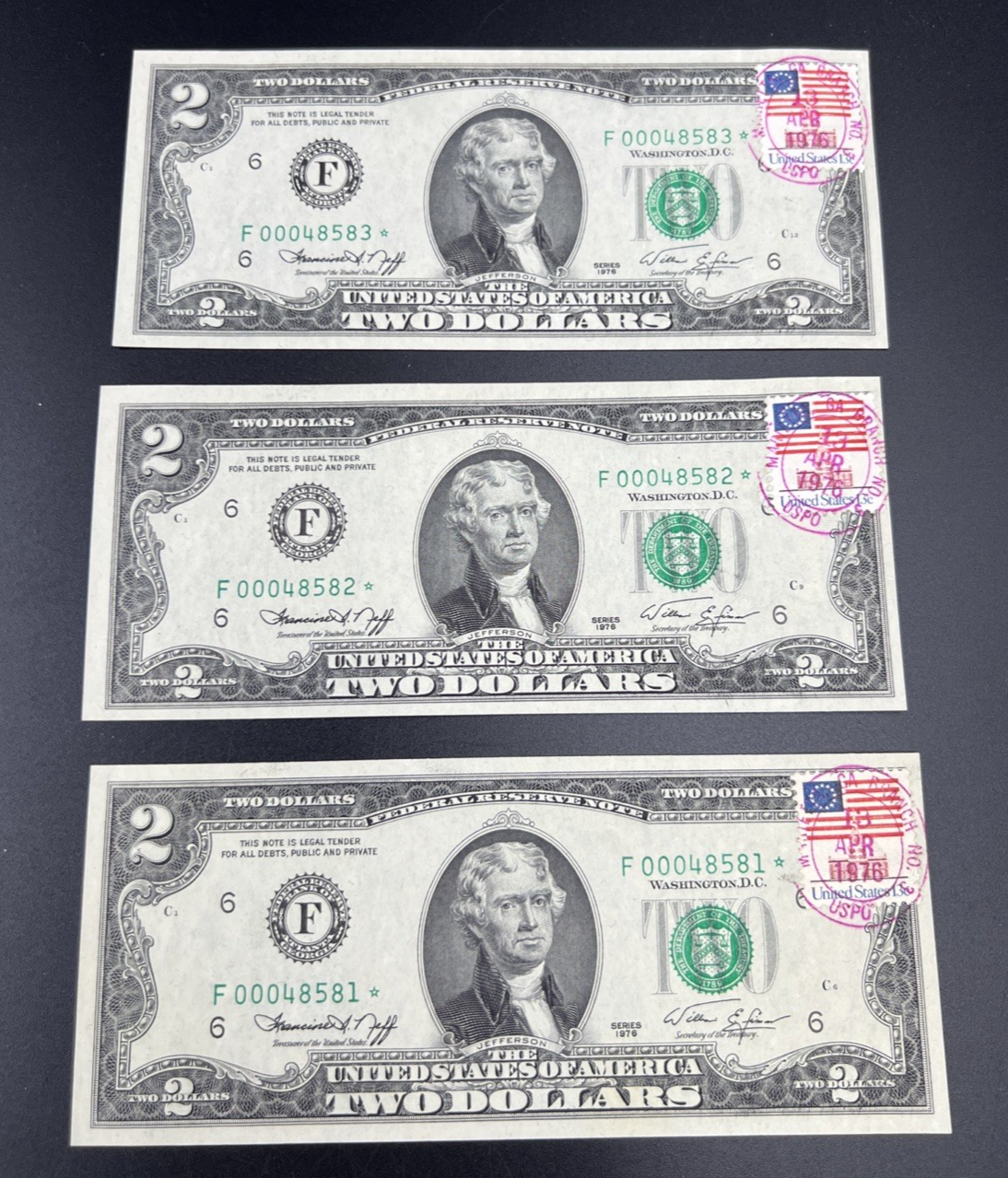 3 Consecutive 1976 $2 Two Dollar Bicentennial Postal Notes AU Marietta GA #81
