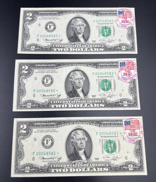 3 Consecutive 1976 $2 Two Dollar Bicentennial Postal Notes AU Marietta GA #81
