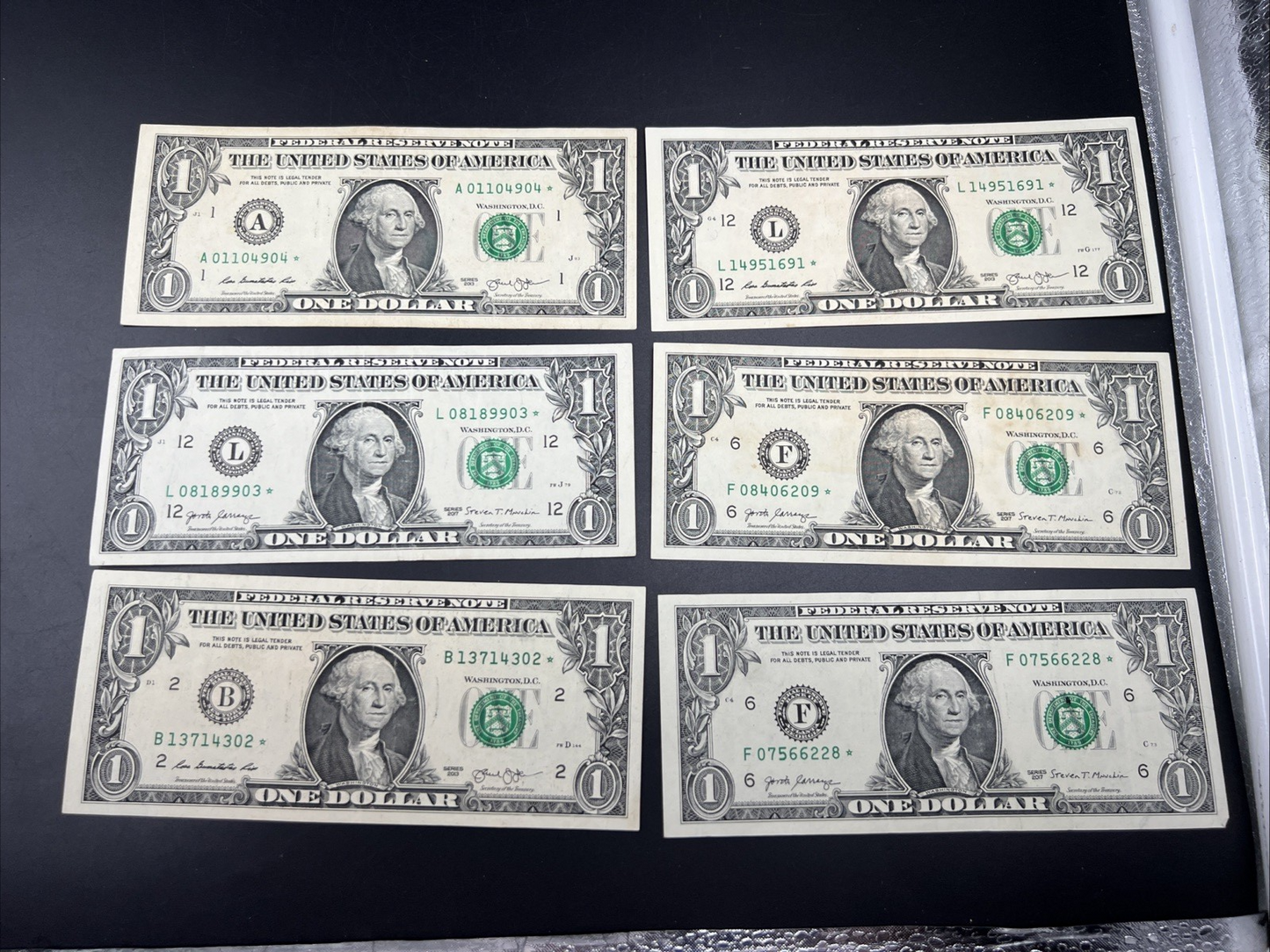 Lot of 6 2013 2017 Star * $1 FRN Federal Reserve Notes Circ #302