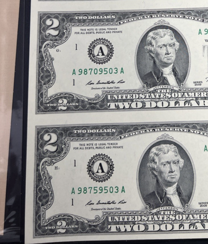 4 Note Souvenir Sheet 2009 US $2 Two Dollar FRN Federal Reserve Notes in Booklet