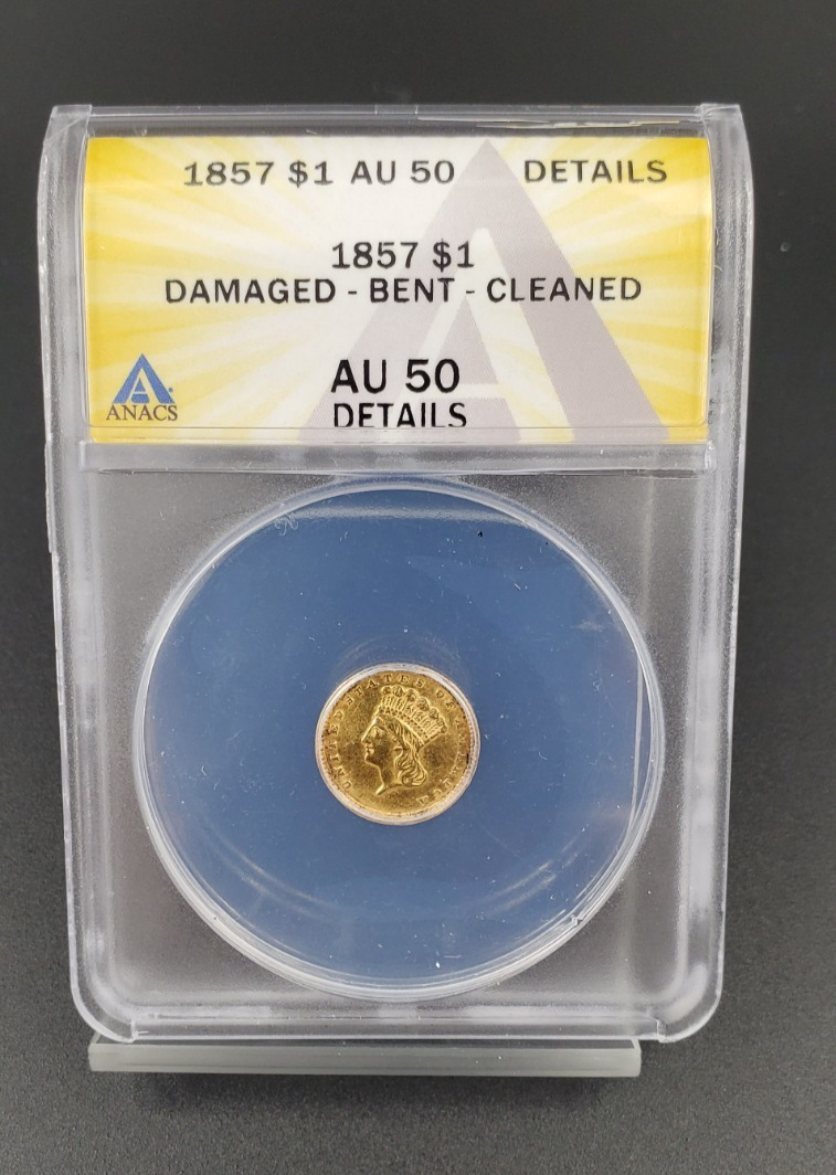 1857 Type 3 Princess Head Gold G$1 Dollar Coin ANACS AU Details Damaged Bent
