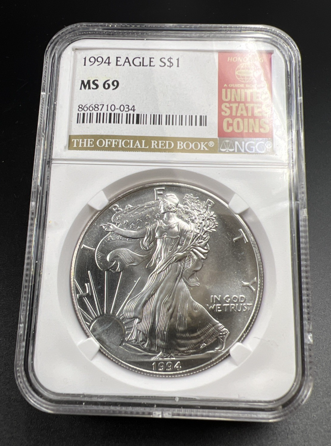 1994 1 Oz ASE American Silver Eagle MS69 NGC Red Book Holder #034
