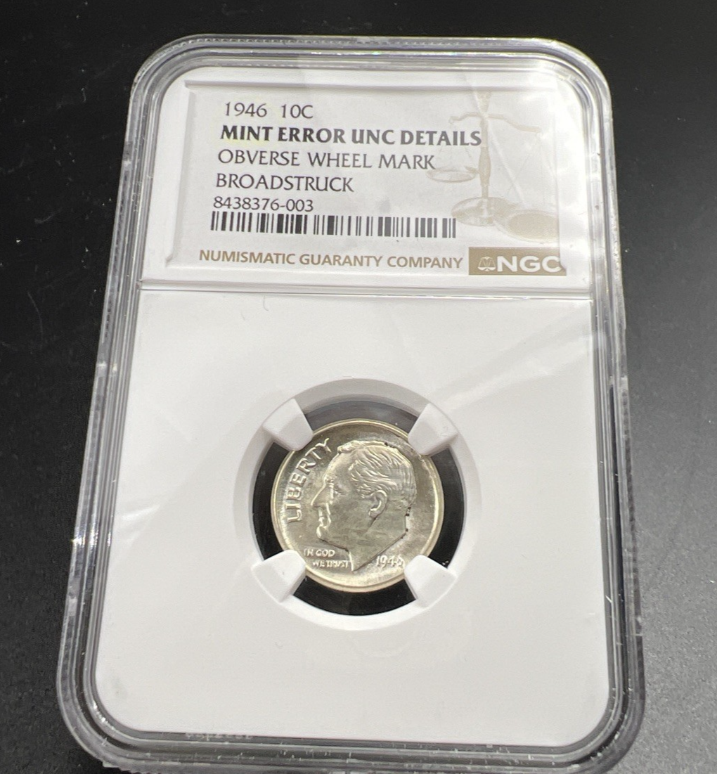 Large Cupped Broadstrike Error 1946 P 10c Roosevelt Silver Dime NGC UNC Details