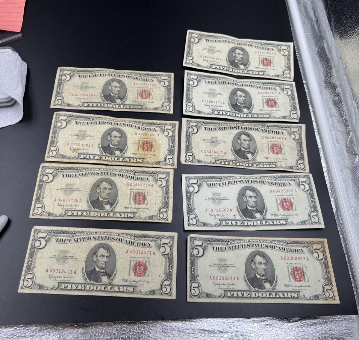 Lot of 9 1963 1953 $5 Five Dollar USN United States Notes Well Circulated #79