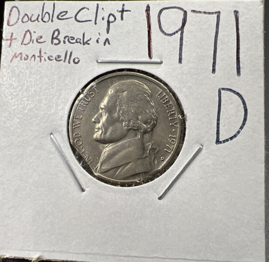1971 D 5c Jefferson Double Clipped Error & Die Crack AU Circ