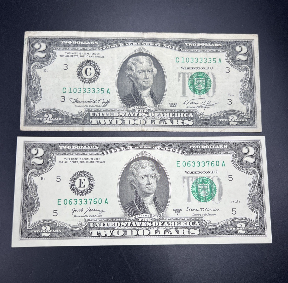 $2 Bill Collector's Lot Lucky 333s repeat Serial # 1976 $2 & 2017 $2 Bills Circ