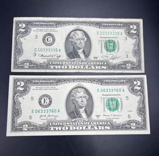 $2 Bill Collector's Lot Lucky 333s repeat Serial # 1976 $2 & 2017 $2 Bills Circ