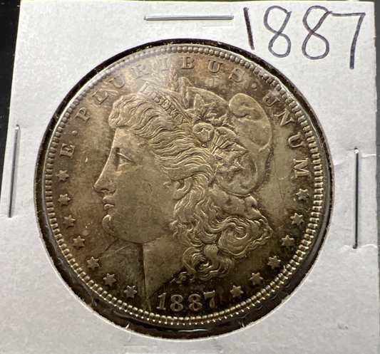 1887 P $1 Morgan Silver Dollar Coin Neat Toning Toner AU Details Scratch