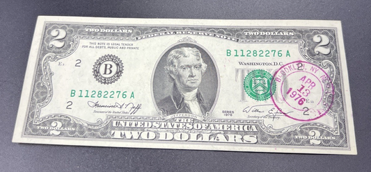 1976 $2 Two Dollar Bicentennial Bill Brookyln NY Postmarked (no Stamp) UNC #276