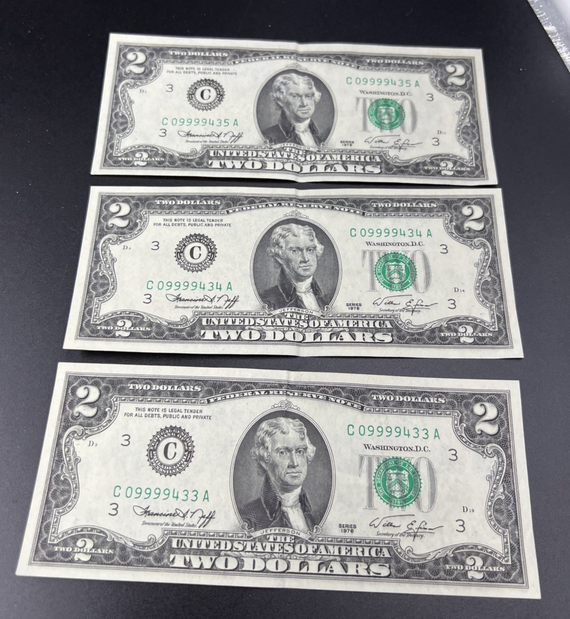 3 Consecutive 1976 $2 Bicentennial Two Dollar Bills VF Fancy Serial #09999433