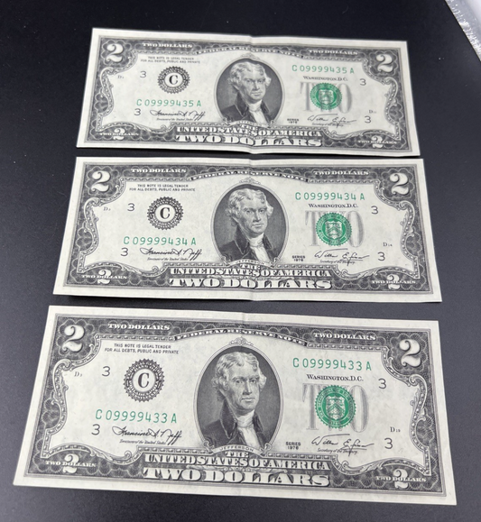 3 Consecutive 1976 $2 Bicentennial Two Dollar Bills VF Fancy Serial #09999433