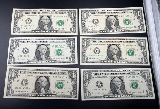 Lot of 6 2013 2017 Star * $1 FRN Federal Reserve Notes Circ #302