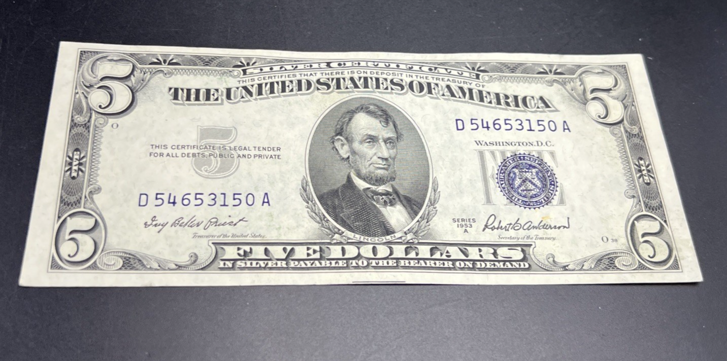 1953 A $5 Five Dollar Blue Seal Silver Certificate #150 XF EF Extra Fine Circ