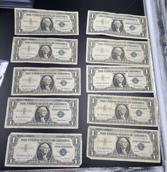 Lot of 10 1957 $1 One Dollar Silver Certificate Blue Seal Notes G / VG #138