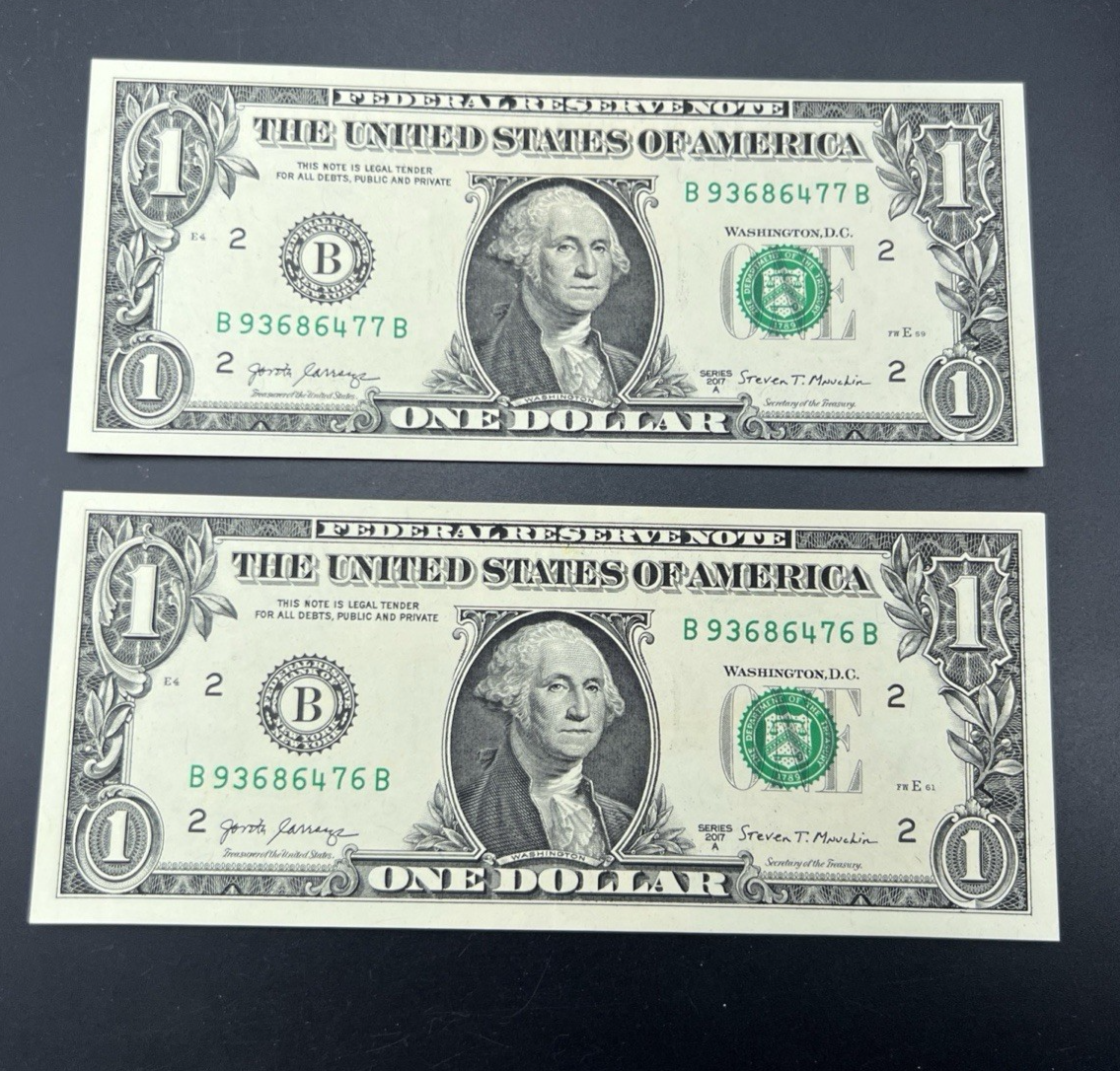 2 Consecutive 2017 $1 FRN Federal Reserve Notes Choice UNC #477