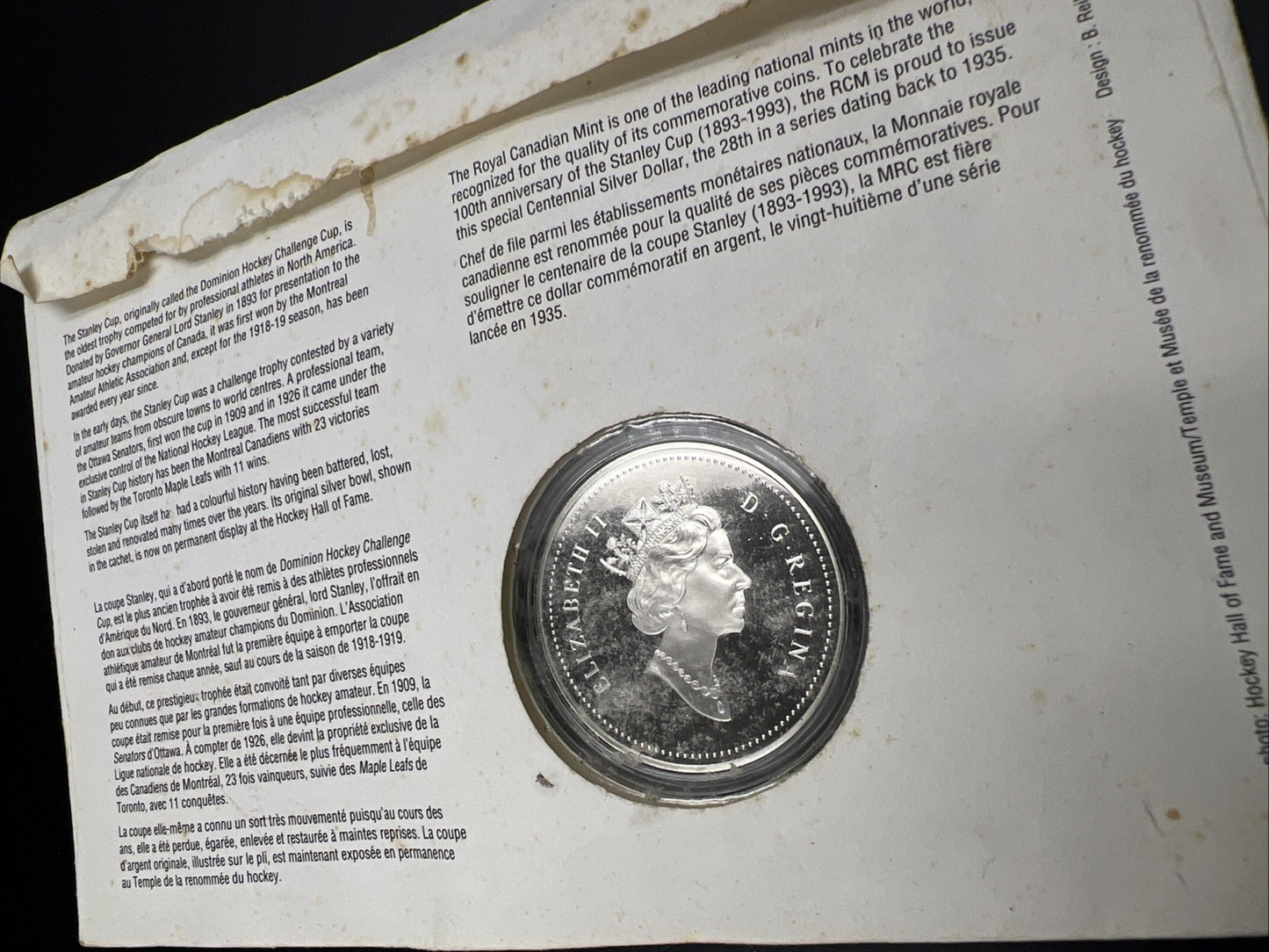 1993 Stanley Cup NHL Hockey Canada Commemorative Proof Silver Dollar in Envelope