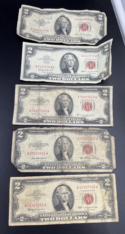 Lot of 5 1963 1953 $2 Two Dollar Red Seal USN Notes Very Circulated Damage #52