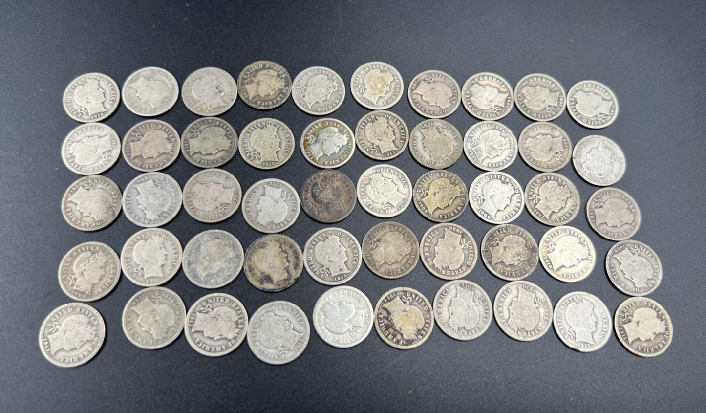 50 Coin Barber 90% Silver Dime Roll Full Rim Good Circ Conditions SK#g