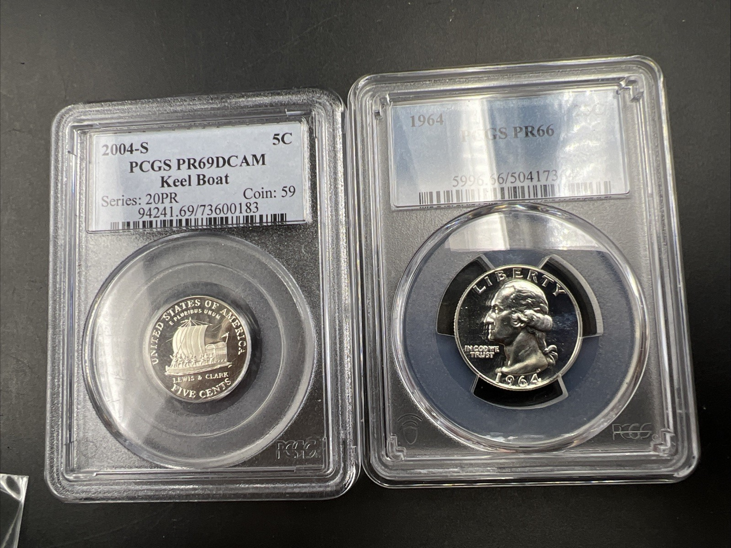 PCGS Slab collectors set 1964 Silver 25c W & 2004 5c CU-NI Keel Boat 5c