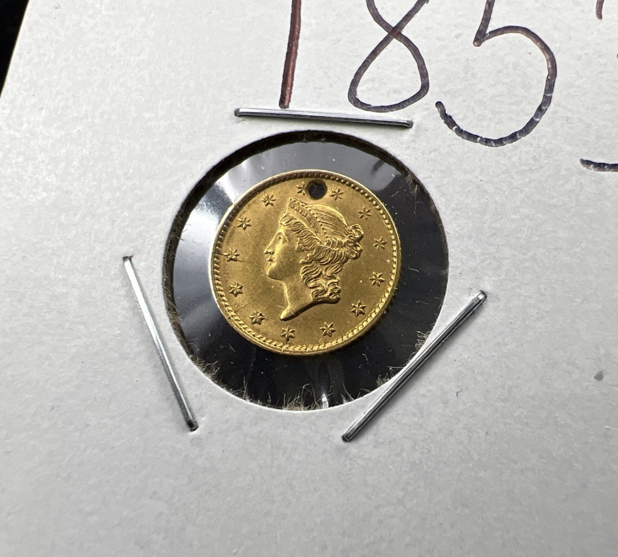 1853 Liberty Head Type I Gold Dollar $1 AU Details Holed