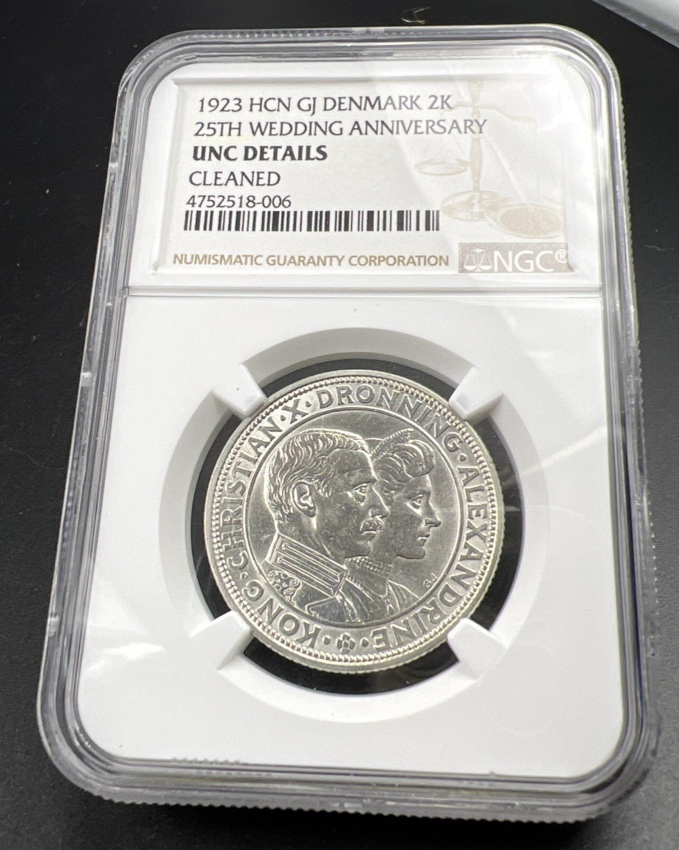 1923 Denmark 2 Kroner Silver Coin NGC UNC Details Cleaned