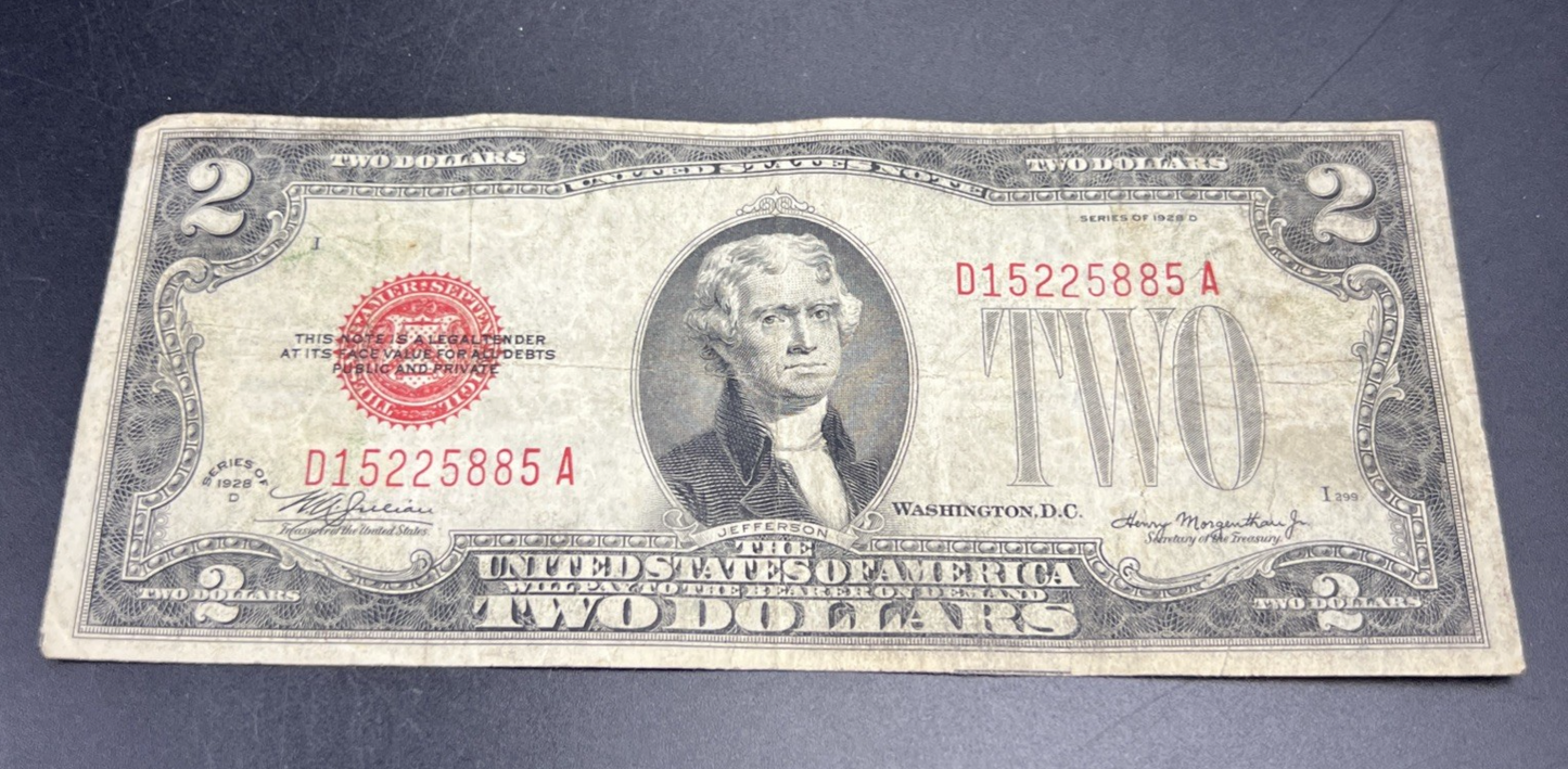 1928 D $2 USN United States Note Red Seal VG Very Good Circ #885