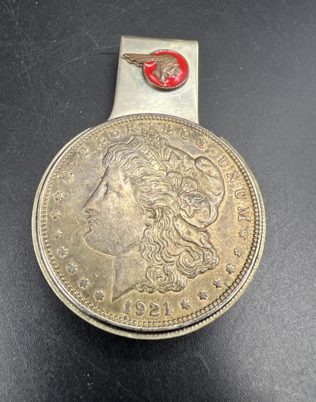 Vintage Pontiac Money Clip 1921 $1 Morgan Silver Dollar Coin Used / Circ Coin
