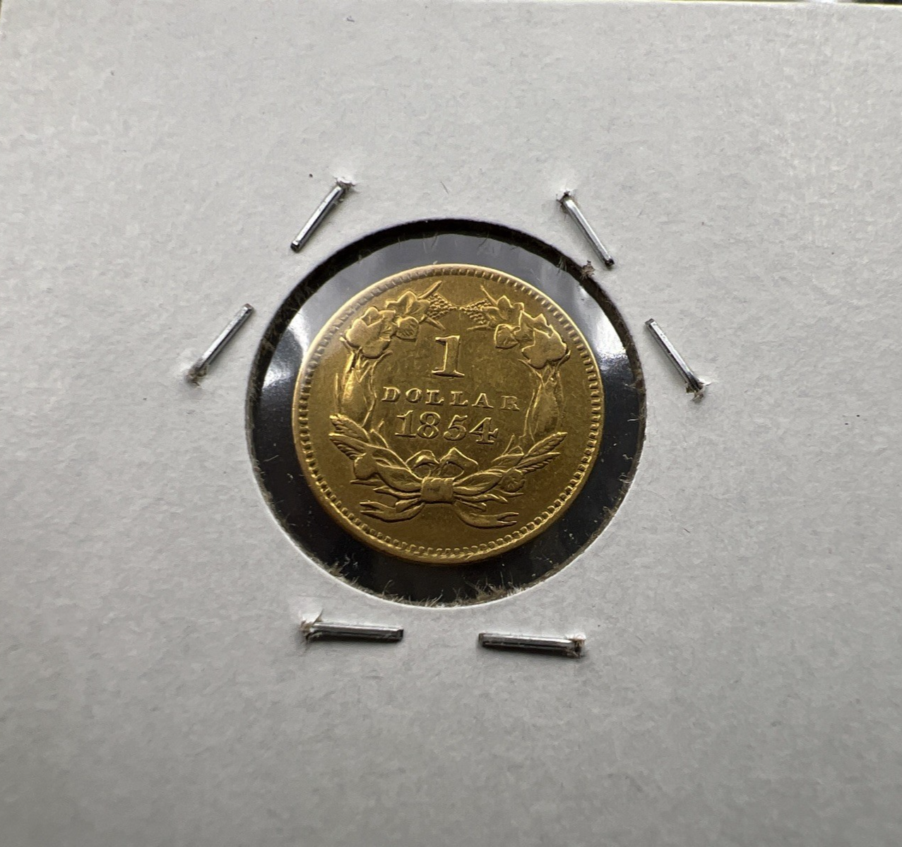 1854 G $1 Gold One Dollar Type 2 Indian Princess Head VF Details Rim Damage