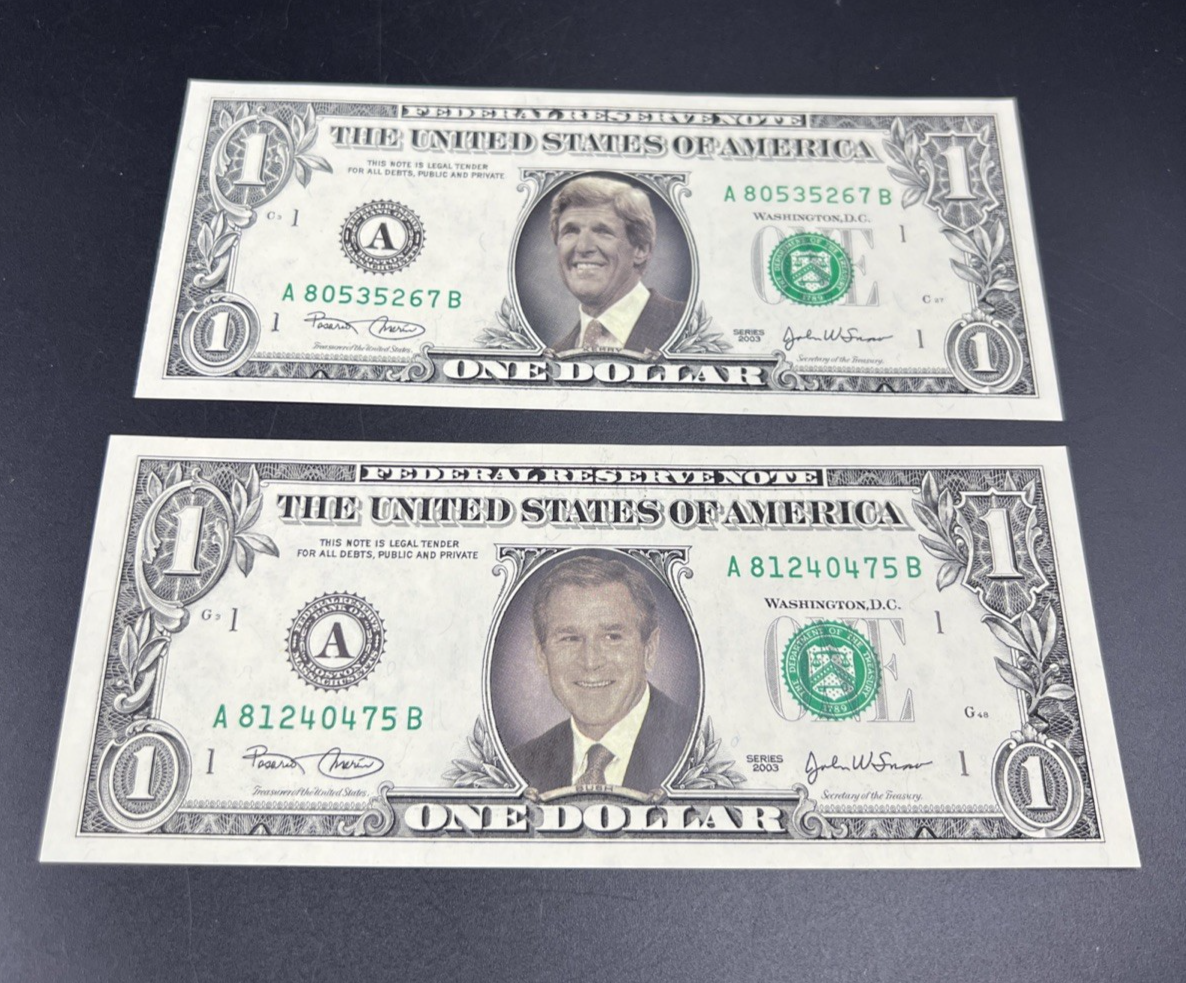 Lot of 2 2003 US $1 FRN UNC Details Bush Kerry Portrait Overlay 2004 Election