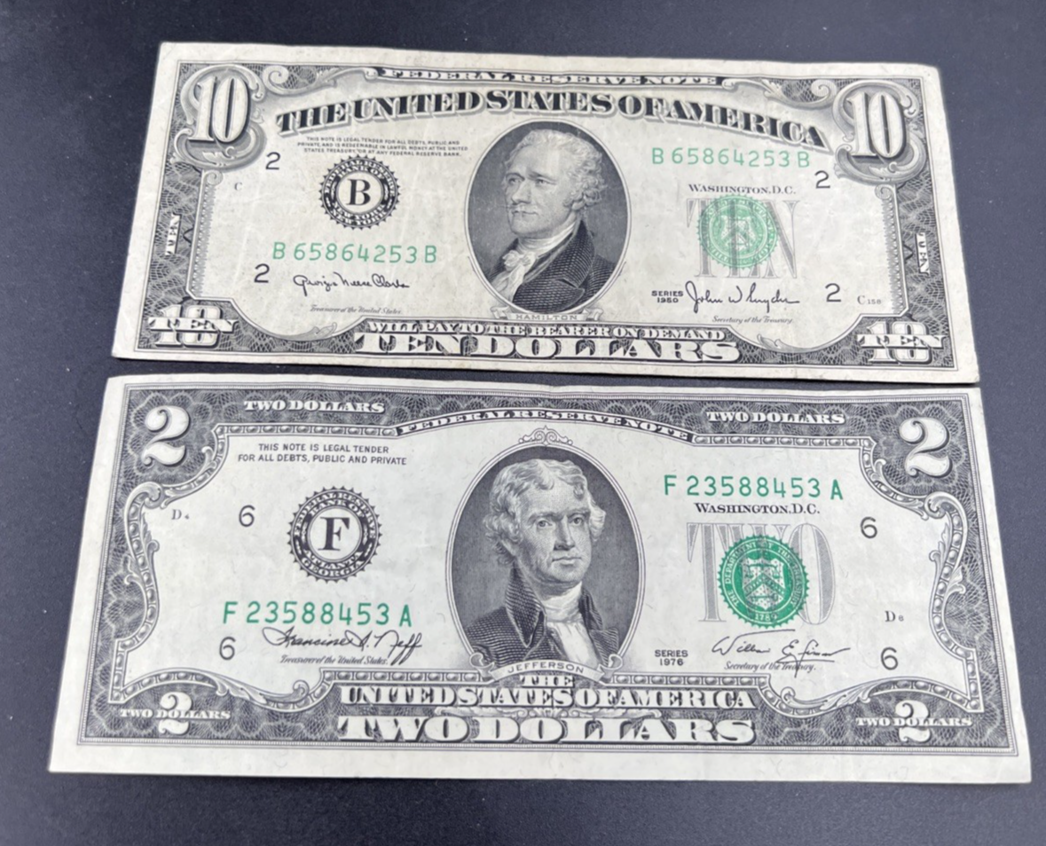 FRN Collector's Lot 1950 $10 Fine & 1976 $2 VF Federal Resereve Notes #453