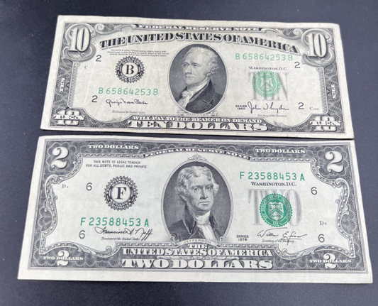 FRN Collector's Lot 1950 $10 Fine & 1976 $2 VF Federal Resereve Notes #453