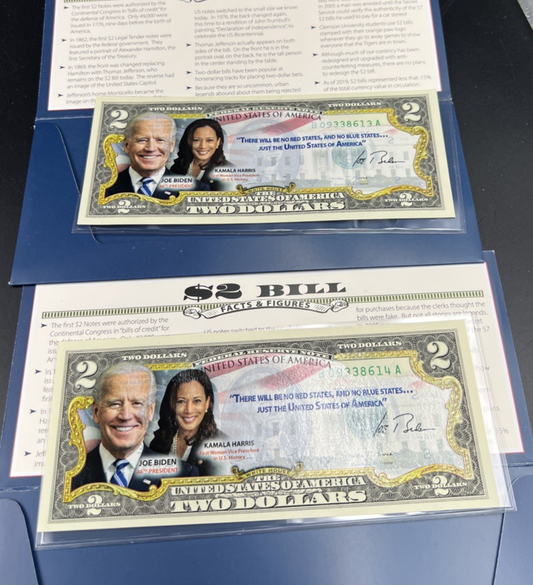 2 Consecutive 2017 $2 FRN Biden Harris Presidential Colorized UNC Two Dollars #3